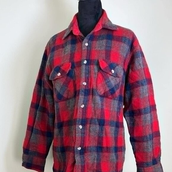 Vintage Quilted Lined Buffalo Plaid Barn Coat Jacket Red Gray Blue Workwear CPO - Picture 1 of 12